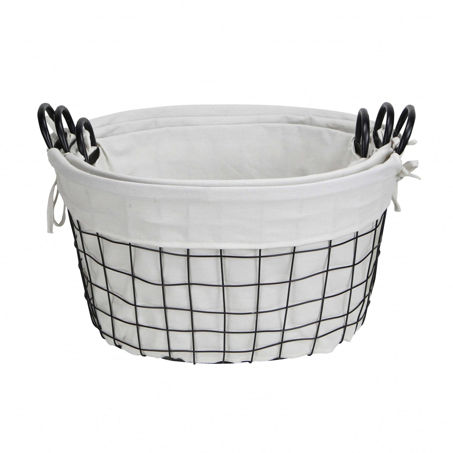 Set Of 3 Oval White Lined And Metal Wire Baskets With Handles By Homeroots | Bins, Baskets & Buckets | Modishstore