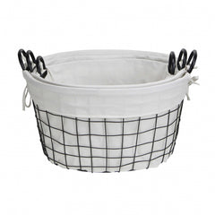 Set Of 3 Oval White Lined And Metal Wire Baskets With Handles By Homeroots