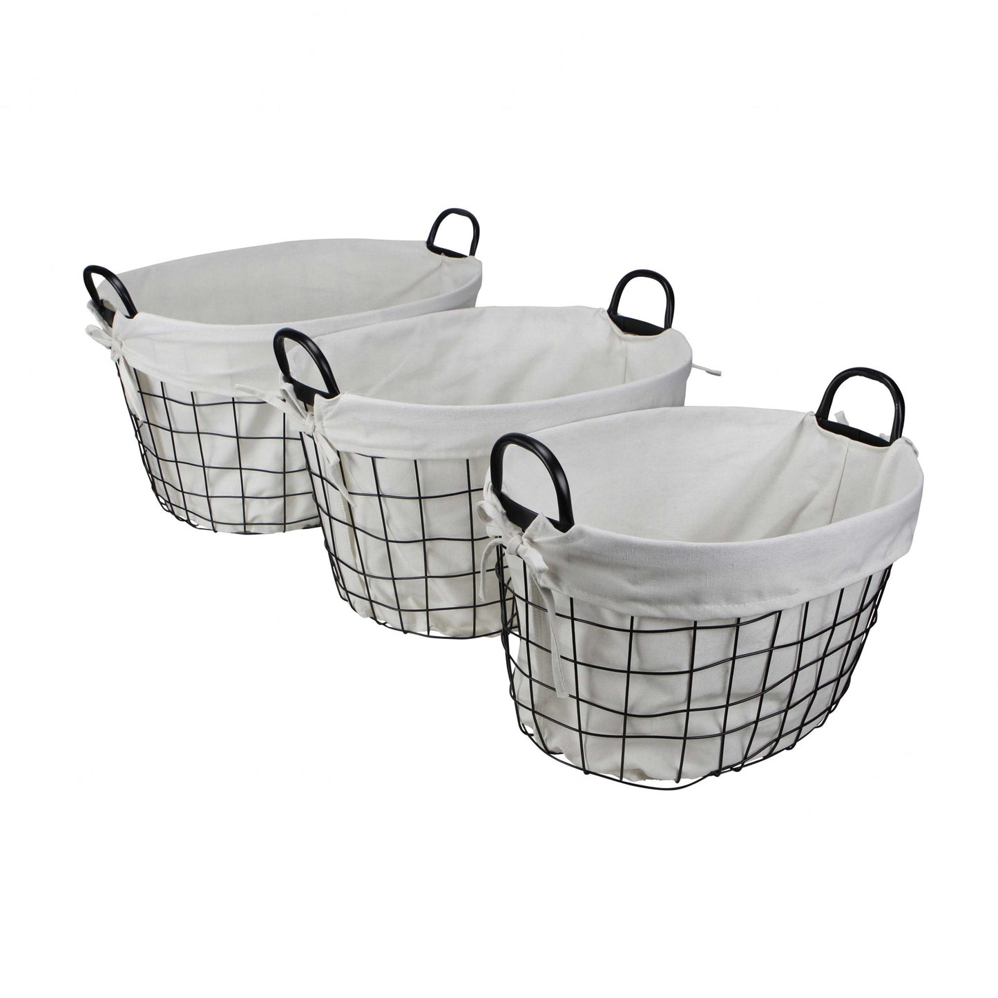 Set Of 3 Oval White Lined And Metal Wire Baskets With Handles By Homeroots | Bins, Baskets & Buckets | Modishstore - 2