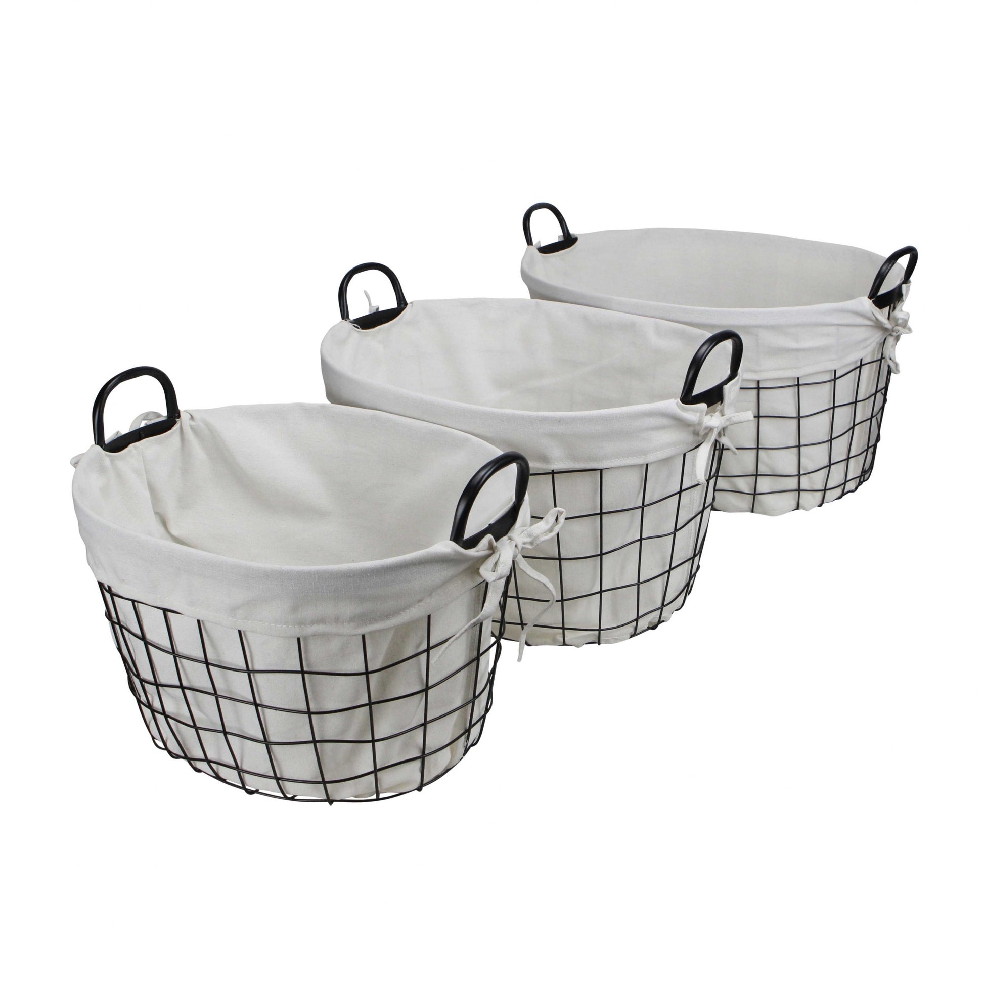 Set Of 3 Oval White Lined And Metal Wire Baskets With Handles By Homeroots | Bins, Baskets & Buckets | Modishstore - 3
