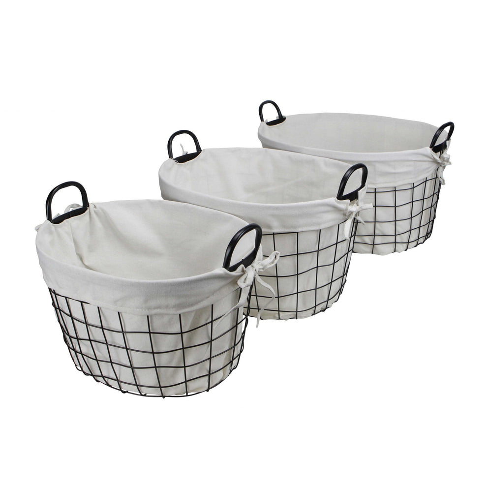 Set Of 3 Oval White Lined And Metal Wire Baskets With Handles By Homeroots | Bins, Baskets & Buckets | Modishstore - 3
