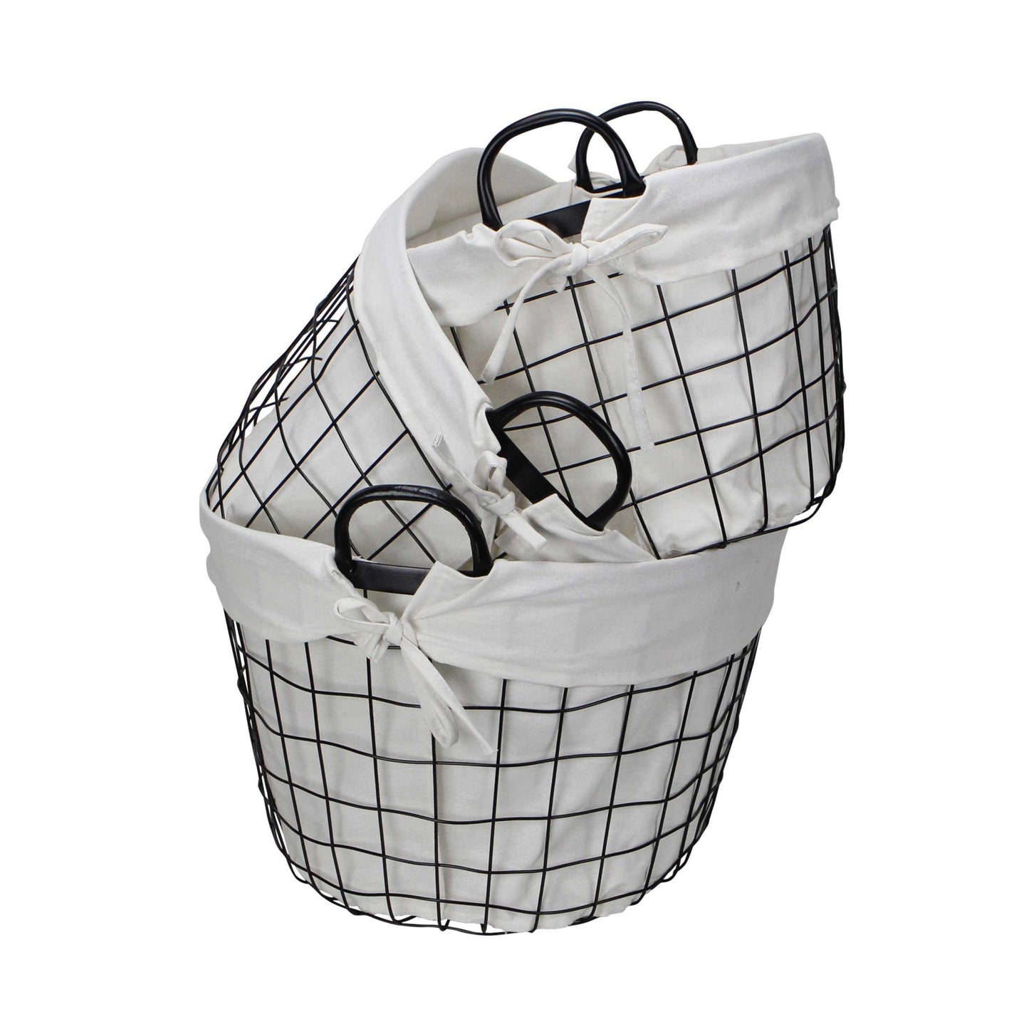 Set Of 3 Oval White Lined And Metal Wire Baskets With Handles By Homeroots | Bins, Baskets & Buckets | Modishstore - 4
