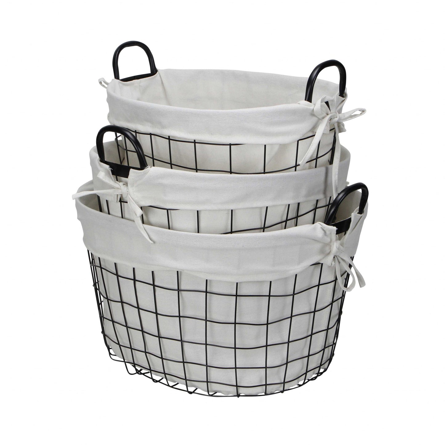 Set Of 3 Oval White Lined And Metal Wire Baskets With Handles By Homeroots | Bins, Baskets & Buckets | Modishstore - 5