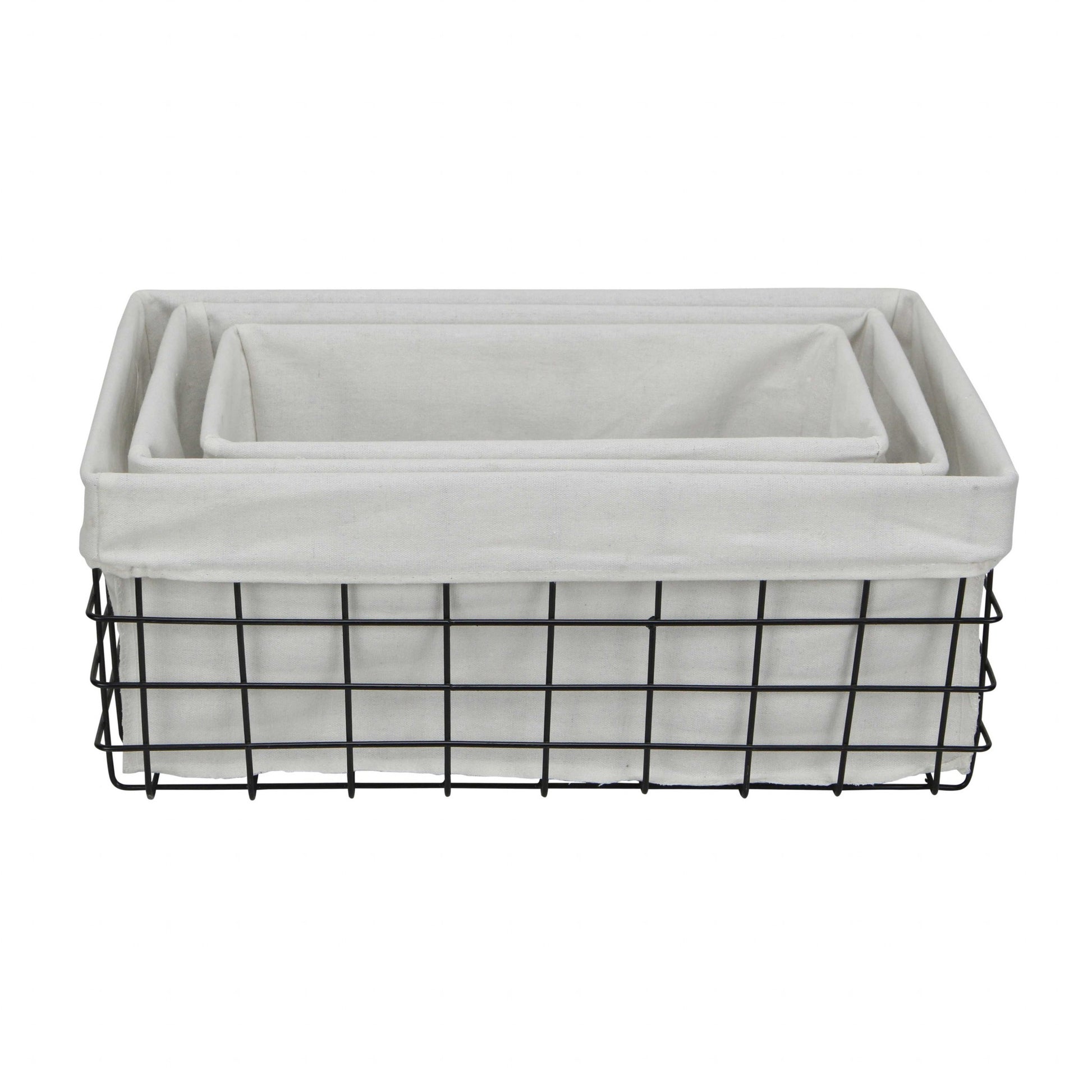 Set Of 3 Rectangular White Lined And Metal Wire Baskets By Homeroots | Bins, Baskets & Buckets | Modishstore