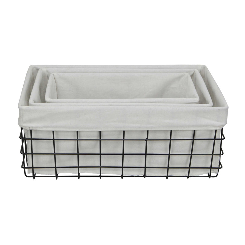 Set Of 3 Rectangular White Lined And Metal Wire Baskets By Homeroots | Bins, Baskets & Buckets | Modishstore