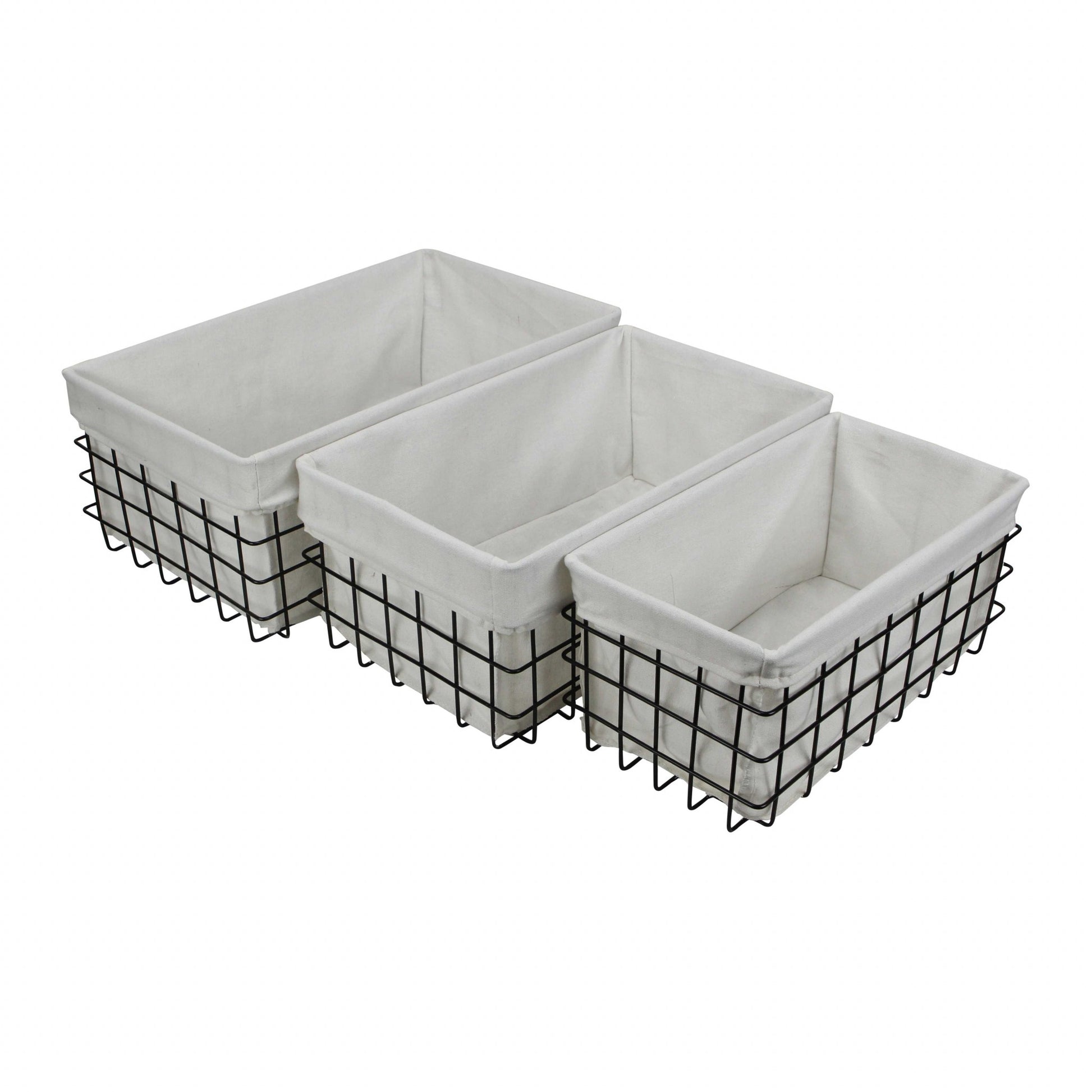 Set Of 3 Rectangular White Lined And Metal Wire Baskets By Homeroots | Bins, Baskets & Buckets | Modishstore - 2