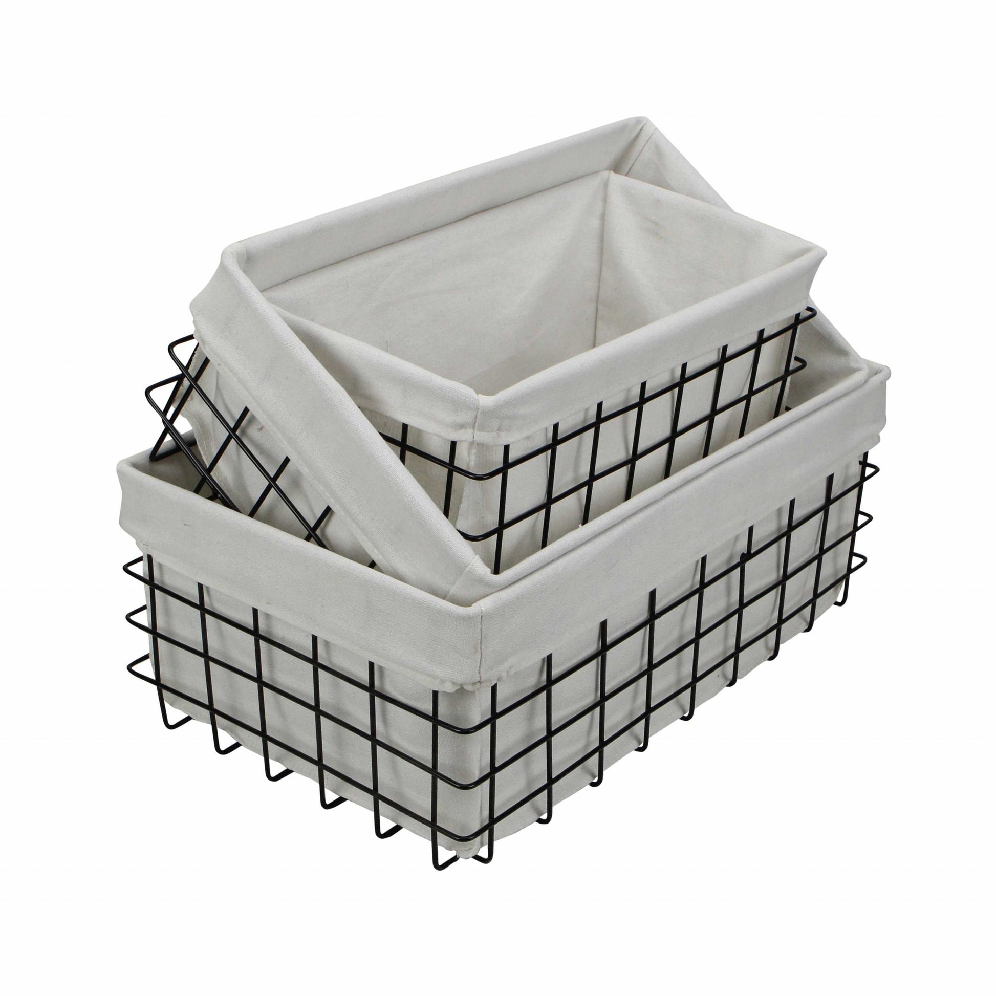 Set Of 3 Rectangular White Lined And Metal Wire Baskets By Homeroots | Bins, Baskets & Buckets | Modishstore - 3