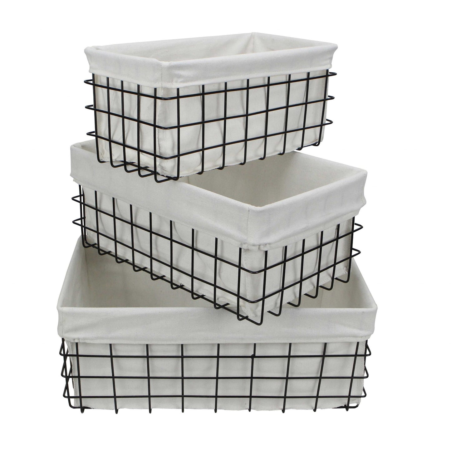 Set Of 3 Rectangular White Lined And Metal Wire Baskets By Homeroots | Bins, Baskets & Buckets | Modishstore - 4