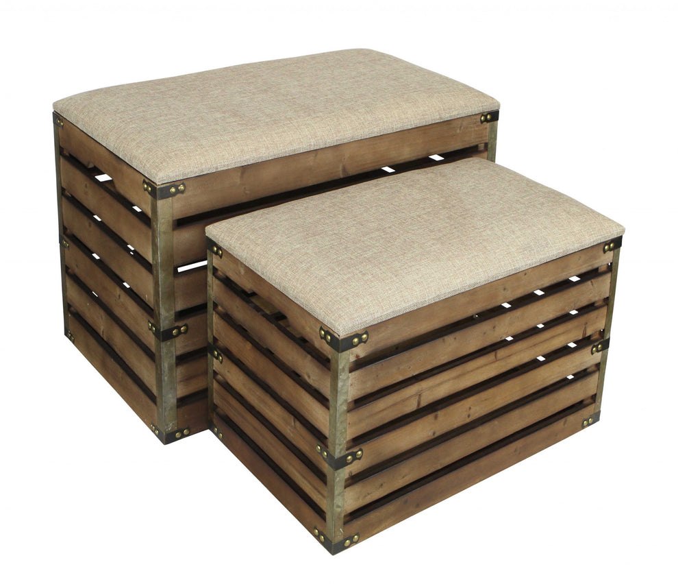 Set of 2 Rectangular Brown Linen Fabric and Wood Slats Storage Benches By Homeroots | Benches | Modishstore - 2