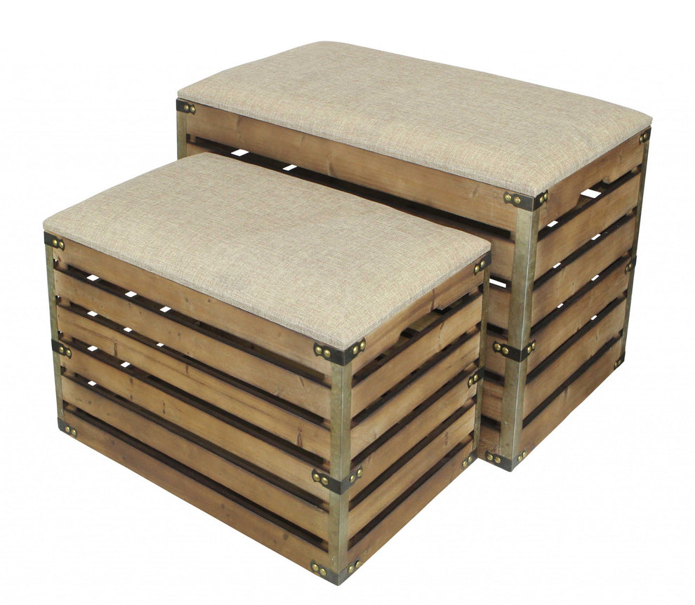 Set of 2 Rectangular Brown Linen Fabric and Wood Slats Storage Benches By Homeroots | Benches | Modishstore - 3