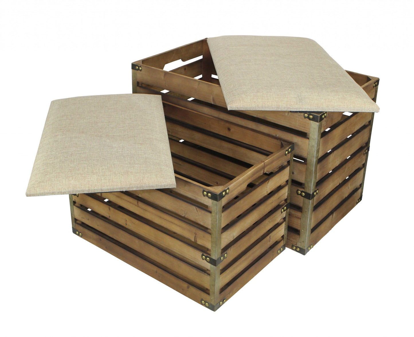 Set of 2 Rectangular Brown Linen Fabric and Wood Slats Storage Benches By Homeroots | Benches | Modishstore - 4