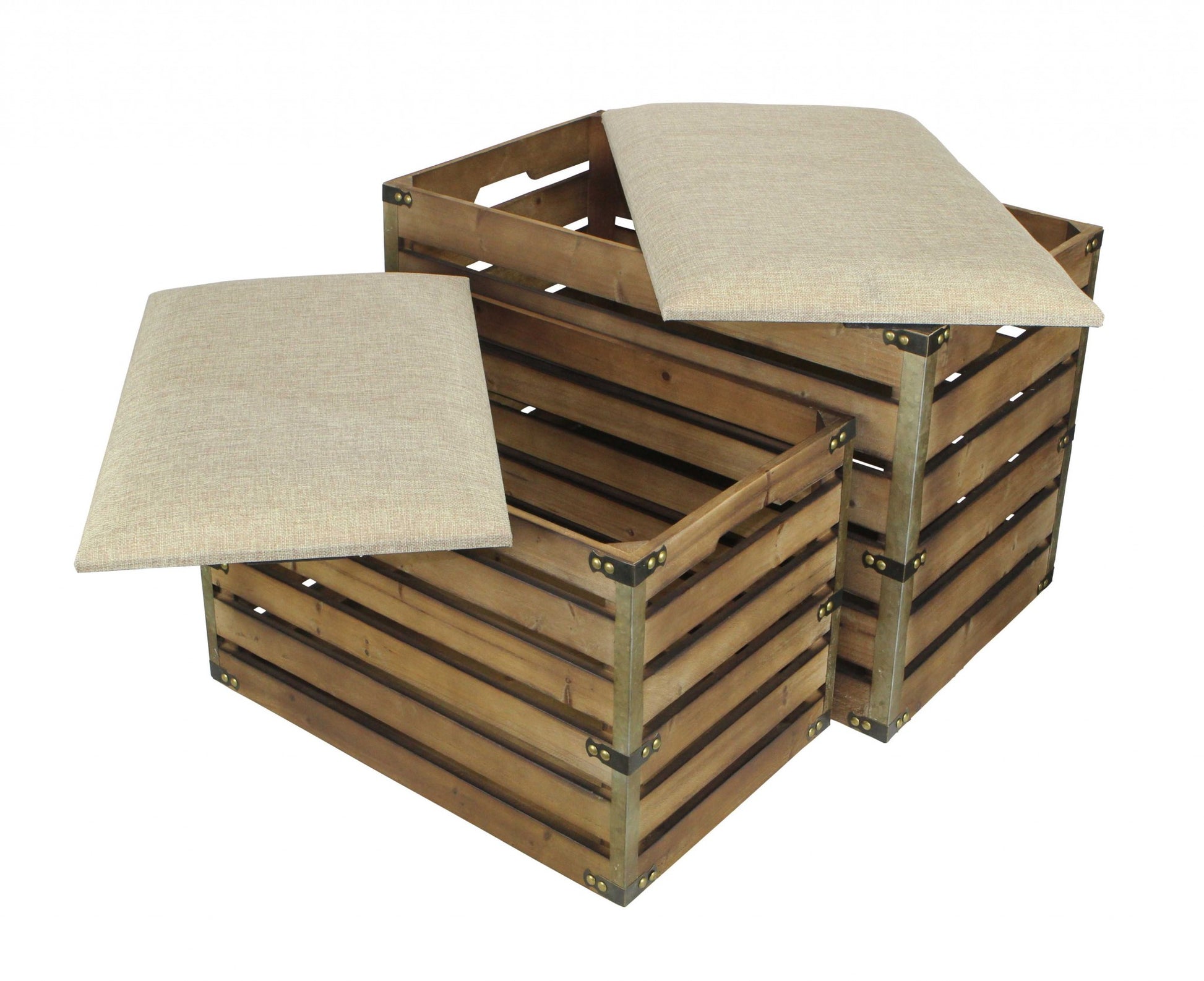 Set of 2 Rectangular Brown Linen Fabric and Wood Slats Storage Benches By Homeroots | Benches | Modishstore - 4