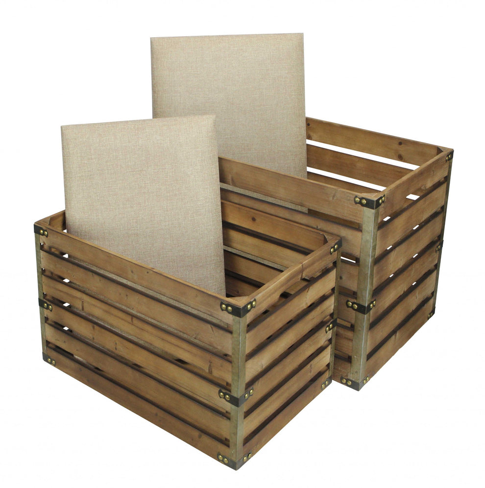Set of 2 Rectangular Brown Linen Fabric and Wood Slats Storage Benches By Homeroots | Benches | Modishstore - 5