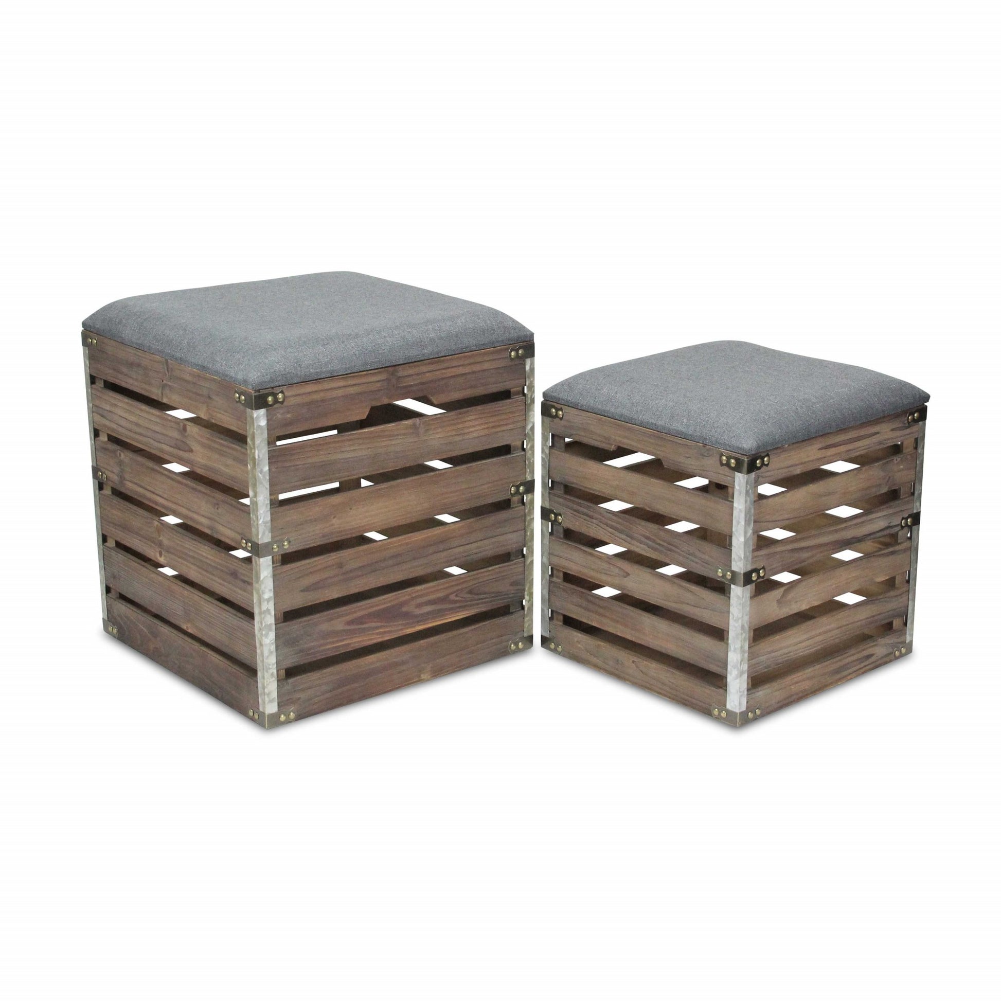 Set of 2 Square Gray Linen Fabric and Wood Slats Storage Benches By Homeroots | Benches | Modishstore