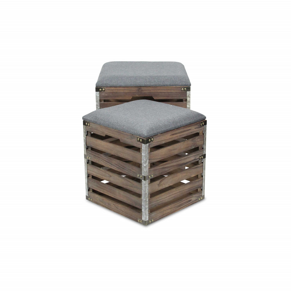 Set of 2 Square Gray Linen Fabric and Wood Slats Storage Benches By Homeroots | Benches | Modishstore - 2
