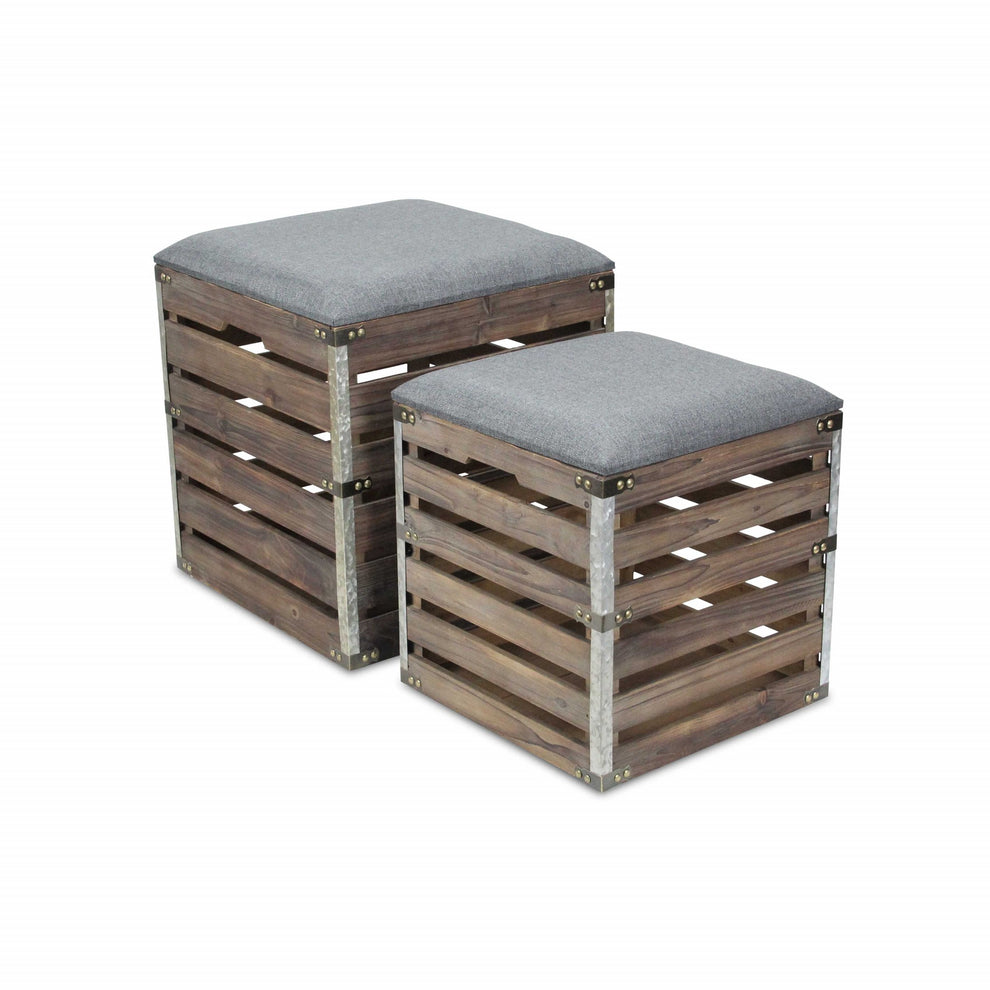 Set of 2 Square Gray Linen Fabric and Wood Slats Storage Benches By Homeroots | Benches | Modishstore - 3