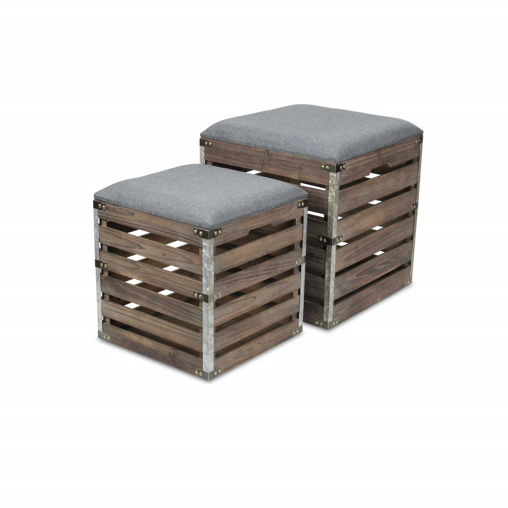 Set of 2 Square Gray Linen Fabric and Wood Slats Storage Benches By Homeroots | Benches | Modishstore - 4