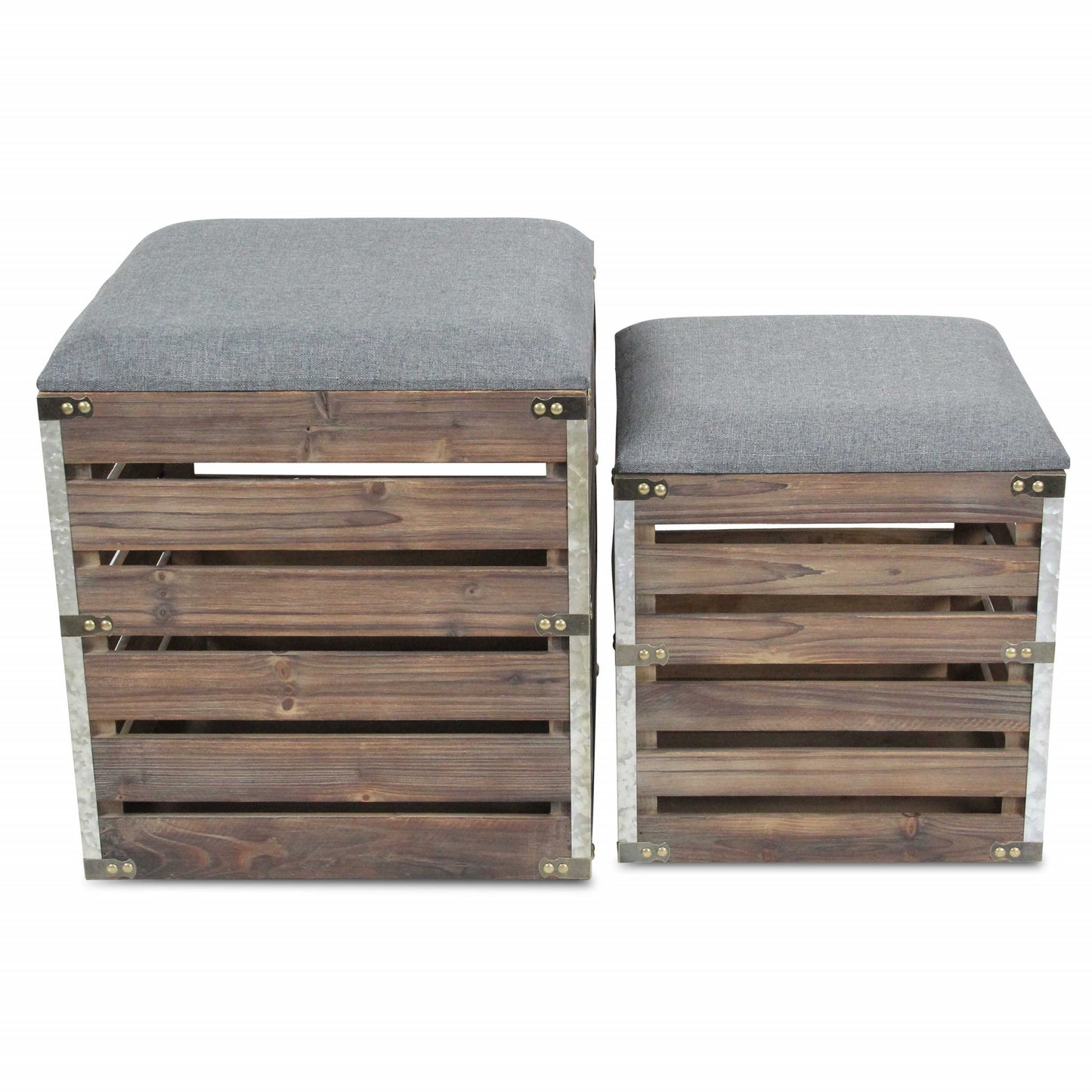 Set of 2 Square Gray Linen Fabric and Wood Slats Storage Benches By Homeroots | Benches | Modishstore - 5