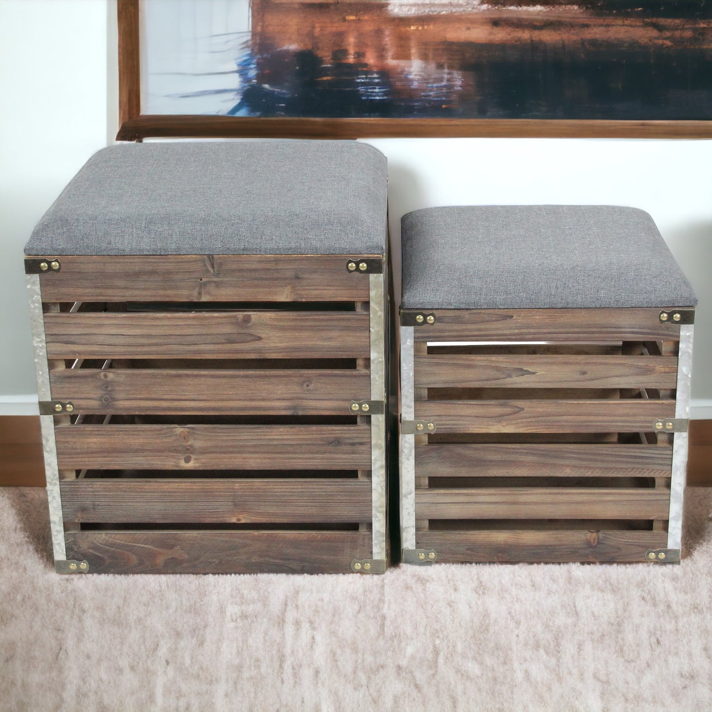 Set of 2 Square Gray Linen Fabric and Wood Slats Storage Benches By Homeroots