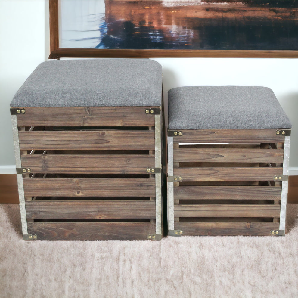 Set of 2 Square Gray Linen Fabric and Wood Slats Storage Benches By Homeroots | Benches | Modishstore - 6