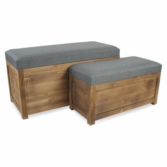Set of 2 Rectangular Gray Linen Fabric and Wood Storage Benches By Homeroots