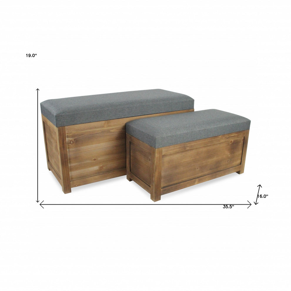 Set of 2 Rectangular Gray Linen Fabric and Wood Storage Benches By Homeroots | Benches | Modishstore - 2