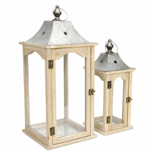 Set of 2 Brown Wood finished Frame Glass and Metal Top Lanterns By Homeroots | Lanterns | Modishstore