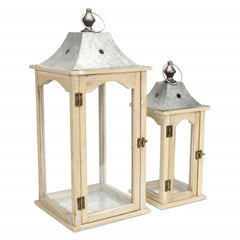 Set of 2 Brown Wood finished Frame Glass and Metal Top Lanterns By Homeroots