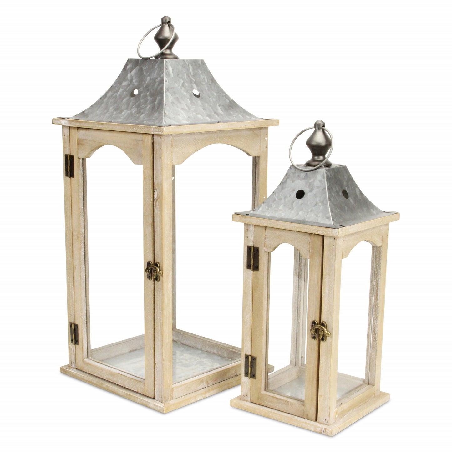 Set of 2 Brown Wood finished Frame Glass and Metal Top Lanterns By Homeroots | Lanterns | Modishstore - 2