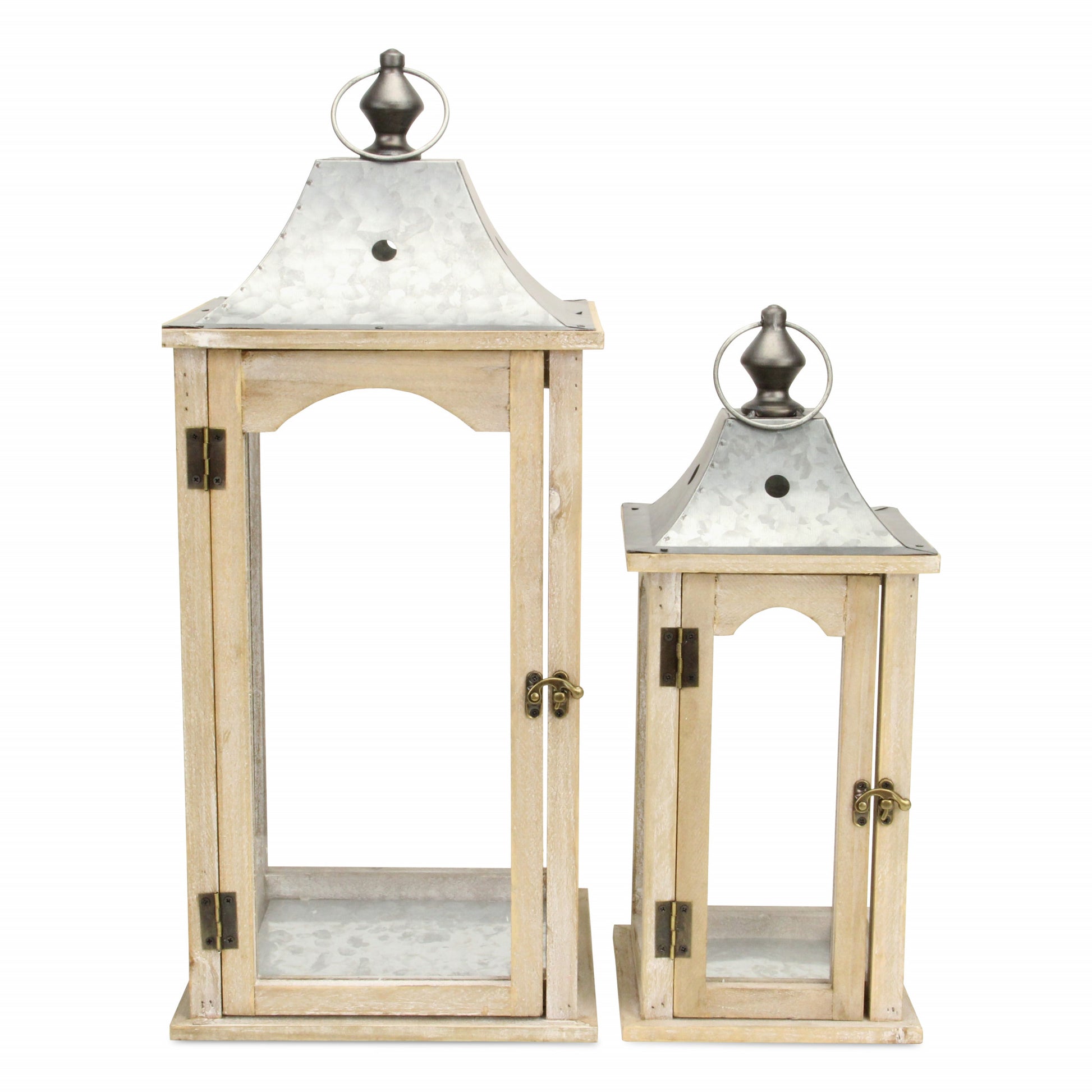 Set of 2 Brown Wood finished Frame Glass and Metal Top Lanterns By Homeroots | Lanterns | Modishstore - 3