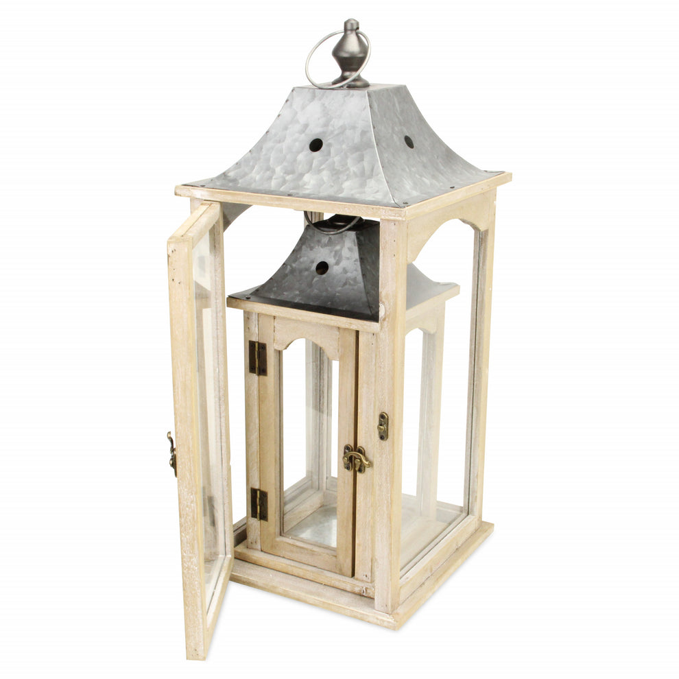 Set of 2 Brown Wood finished Frame Glass and Metal Top Lanterns By Homeroots | Lanterns | Modishstore - 4