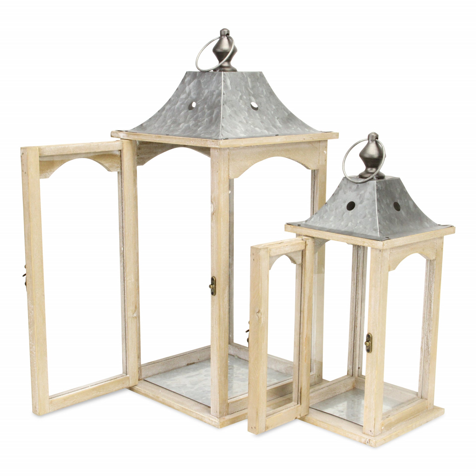 Set of 2 Brown Wood finished Frame Glass and Metal Top Lanterns By Homeroots | Lanterns | Modishstore - 5