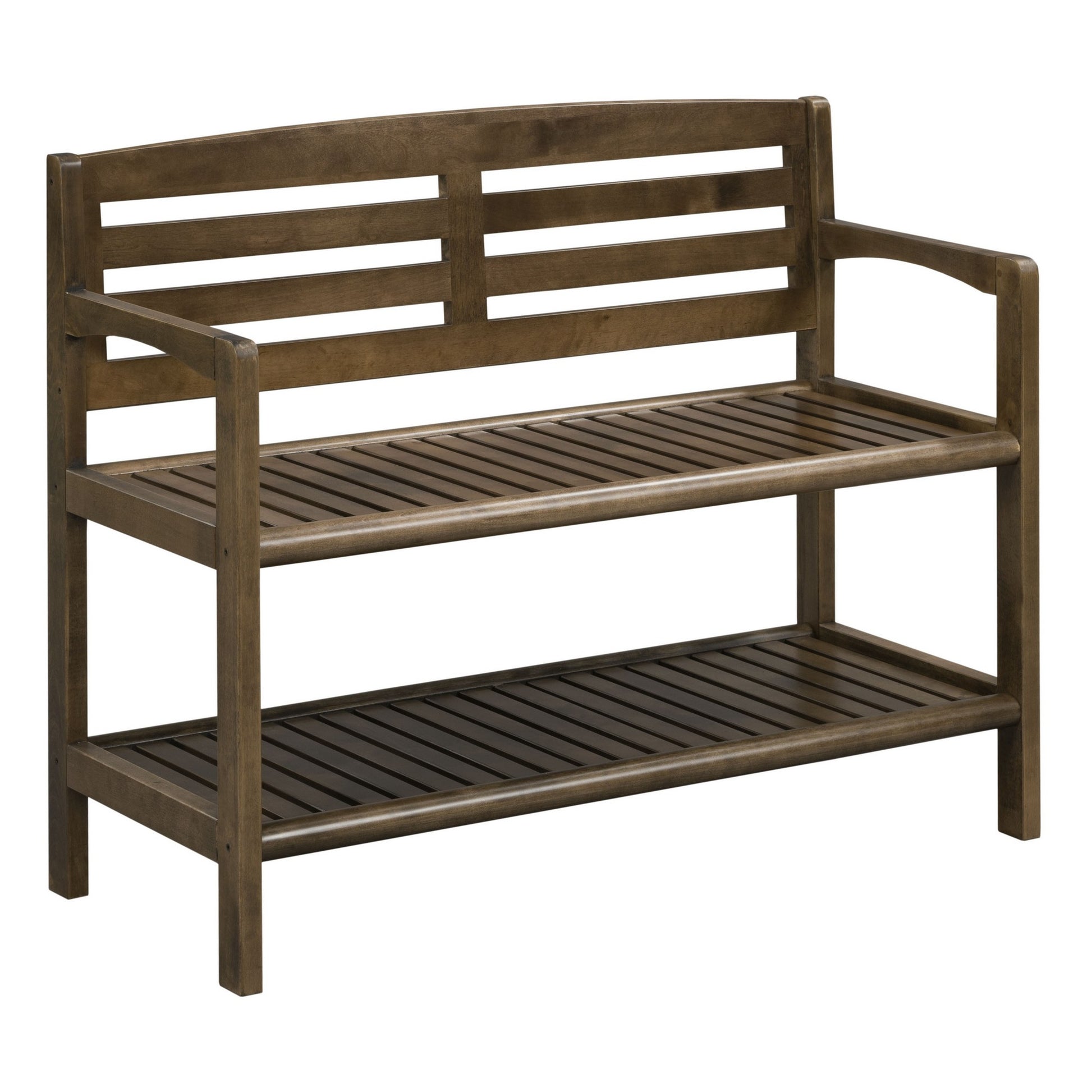 Chestnut Finish Solid Wood Slat Bench with High Back and Shelf By Homeroots | Benches | Modishstore