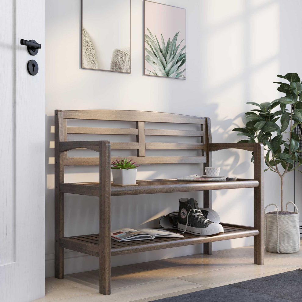 Chestnut Finish Solid Wood Slat Bench with High Back and Shelf By Homeroots | Benches | Modishstore