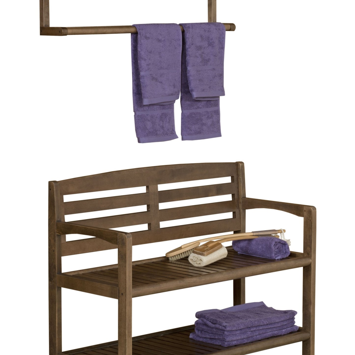 Chestnut Finish Solid Wood Slat Bench with High Back and Shelf By Homeroots | Benches | Modishstore - 3