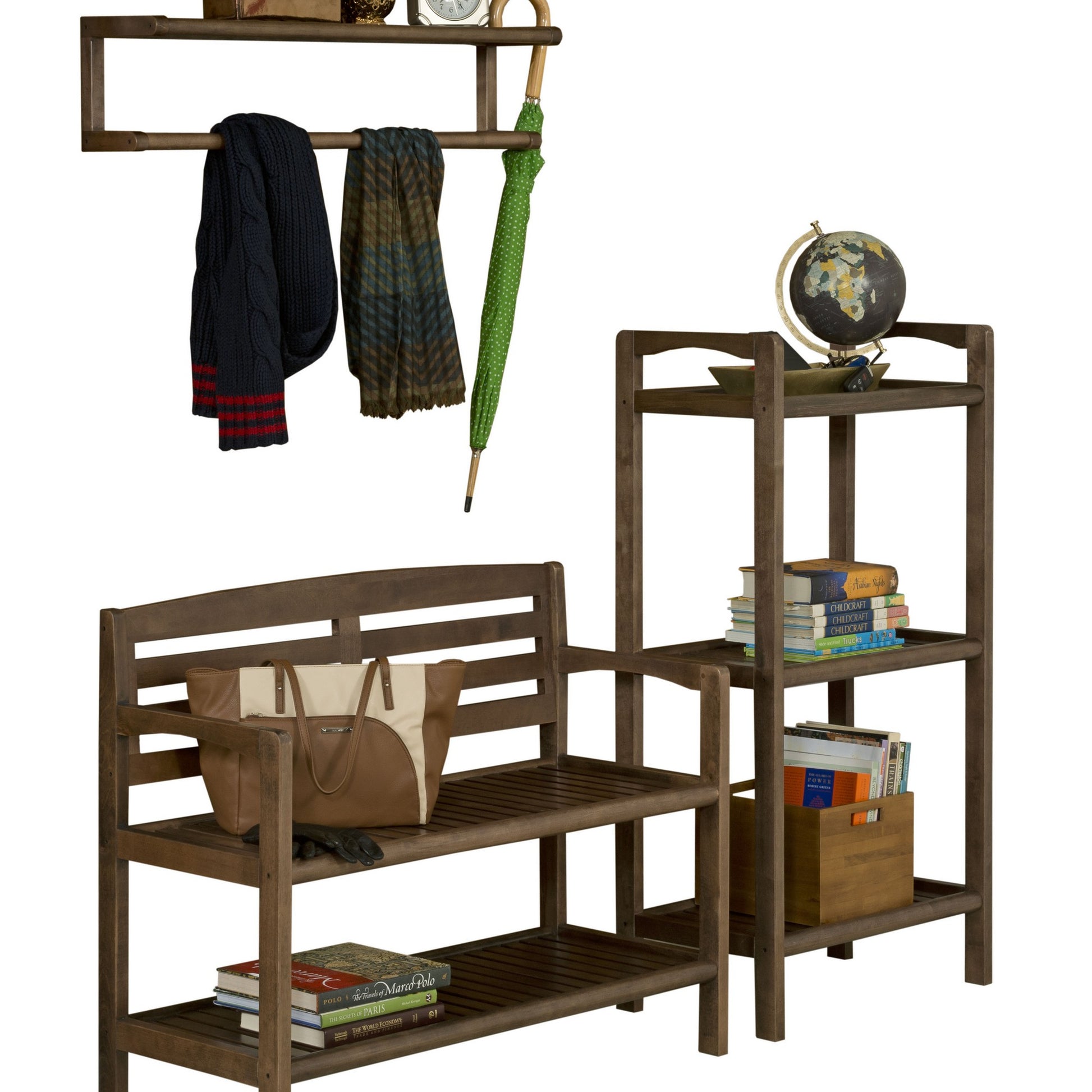 Chestnut Finish Solid Wood Slat Bench with High Back and Shelf By Homeroots | Benches | Modishstore - 4