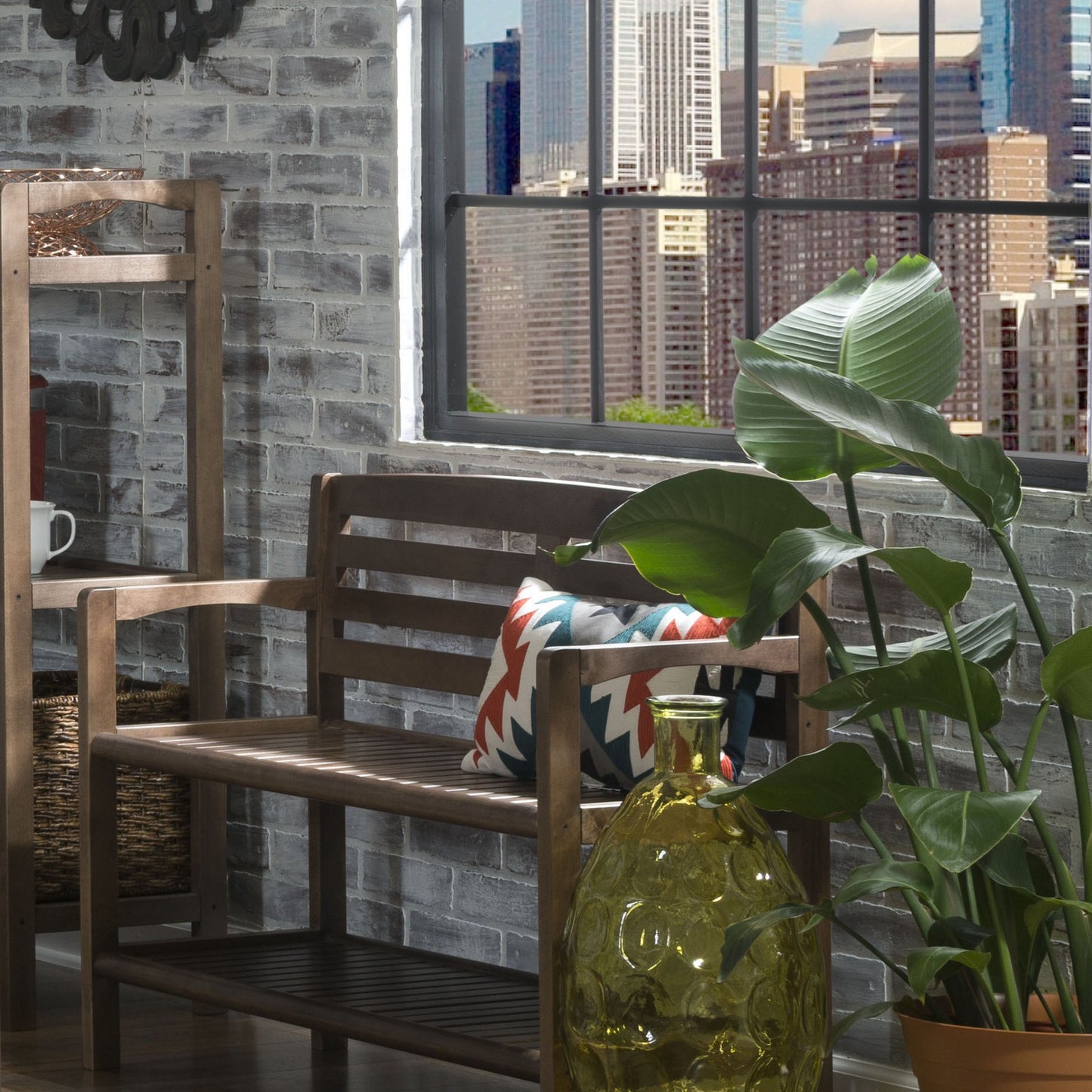 Chestnut Finish Solid Wood Slat Bench with High Back and Shelf By Homeroots | Benches | Modishstore - 5