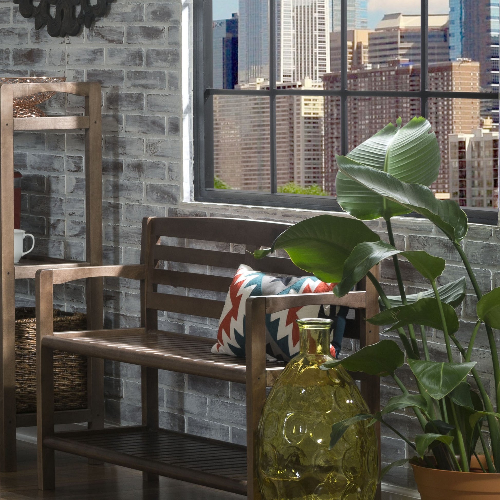 Chestnut Finish Solid Wood Slat Bench with High Back and Shelf By Homeroots | Benches | Modishstore - 5