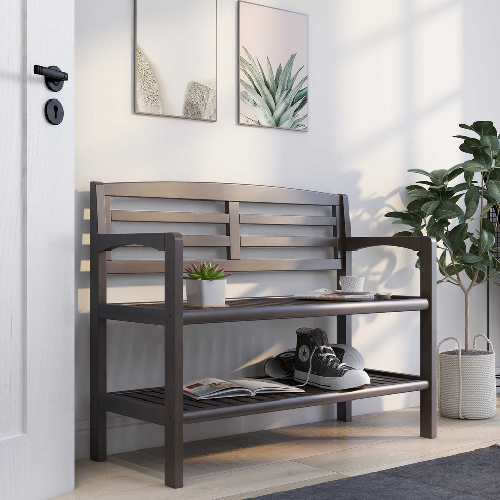 Chestnut Finish Solid Wood Slat Bench with High Back and Shelf By Homeroots | Benches | Modishstore - 16