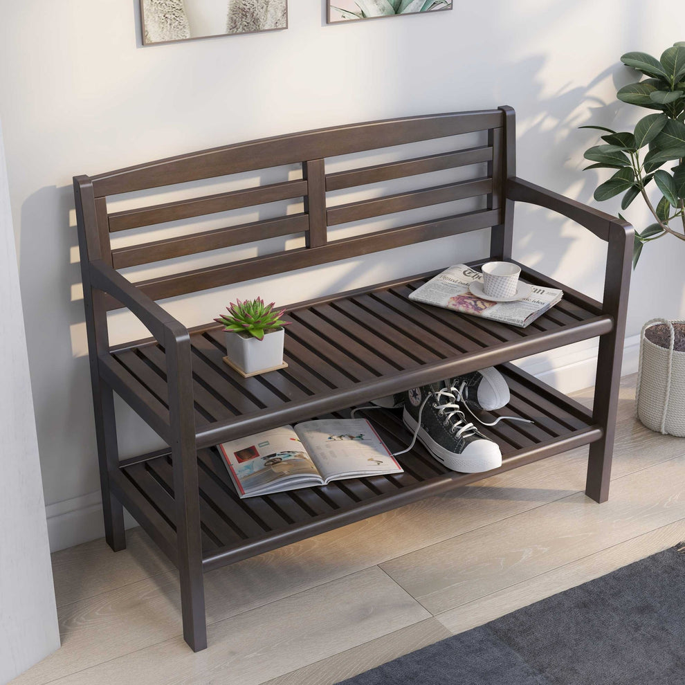 Chestnut Finish Solid Wood Slat Bench with High Back and Shelf By Homeroots | Benches | Modishstore - 17