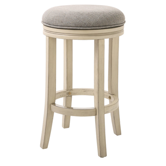 Bar Height Round Swivel Solid Wood Stool In Distressed Ivory Finished With Quartz Fabric By Homeroots | Bar Stools | Modishstore