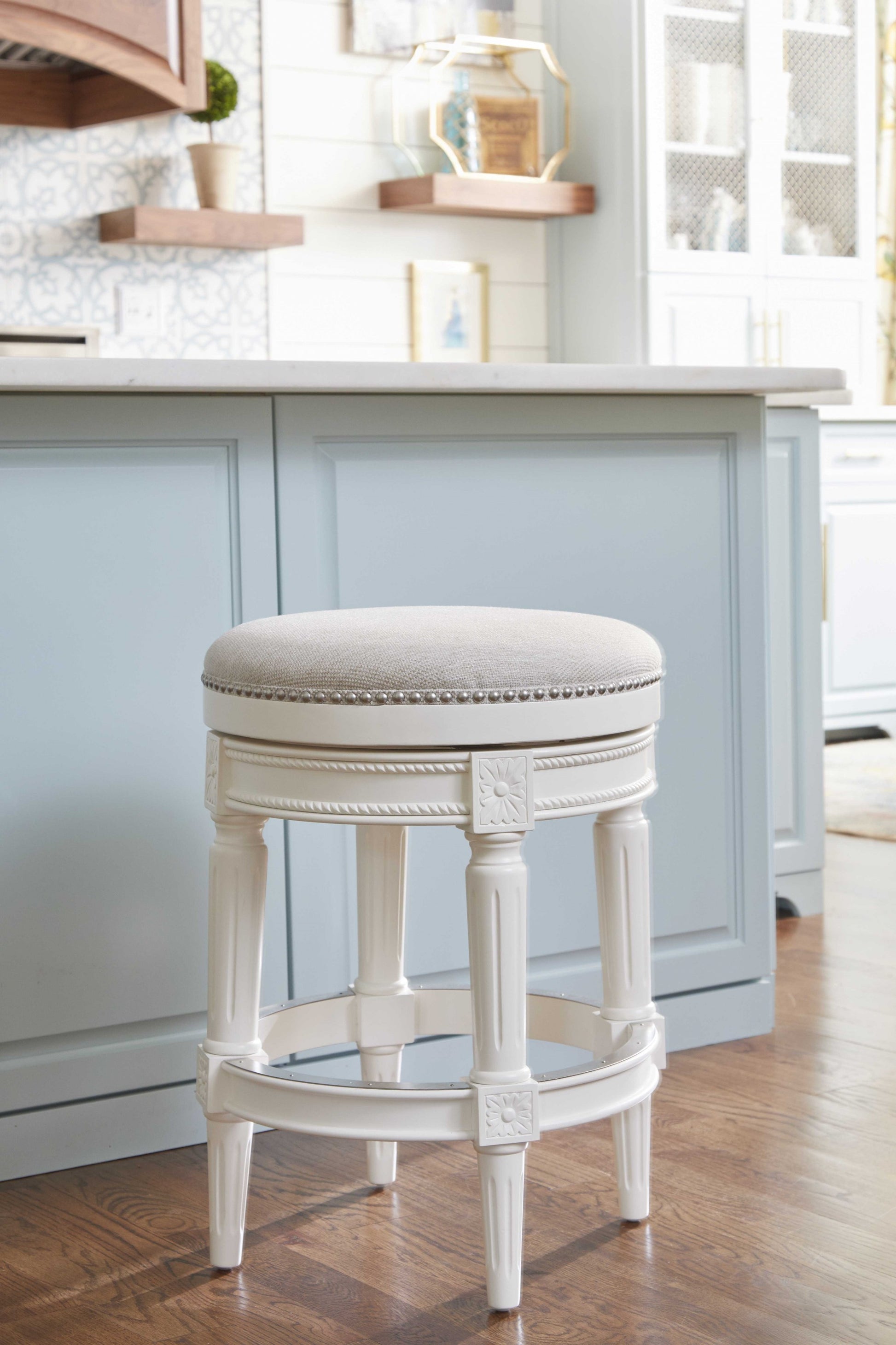 Counter Height Round Counter Stool In Alabaster White Fabric By Homeroots | Counter Stools | Modishstore - 2