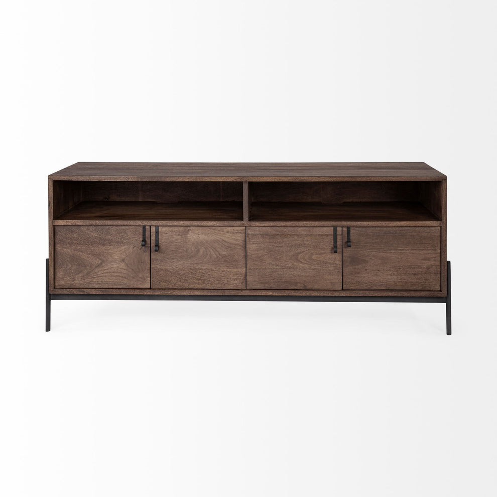 Medium Brown Mango Wood Finish TV Stand Media Console With 4 Doors And 2 Open Shelves By Homeroots | Console Tables | Modishstore - 2
