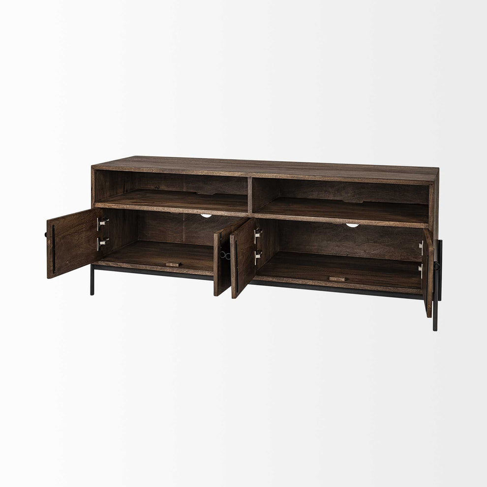 Medium Brown Mango Wood Finish TV Stand Media Console With 4 Doors And 2 Open Shelves By Homeroots | Console Tables | Modishstore - 5