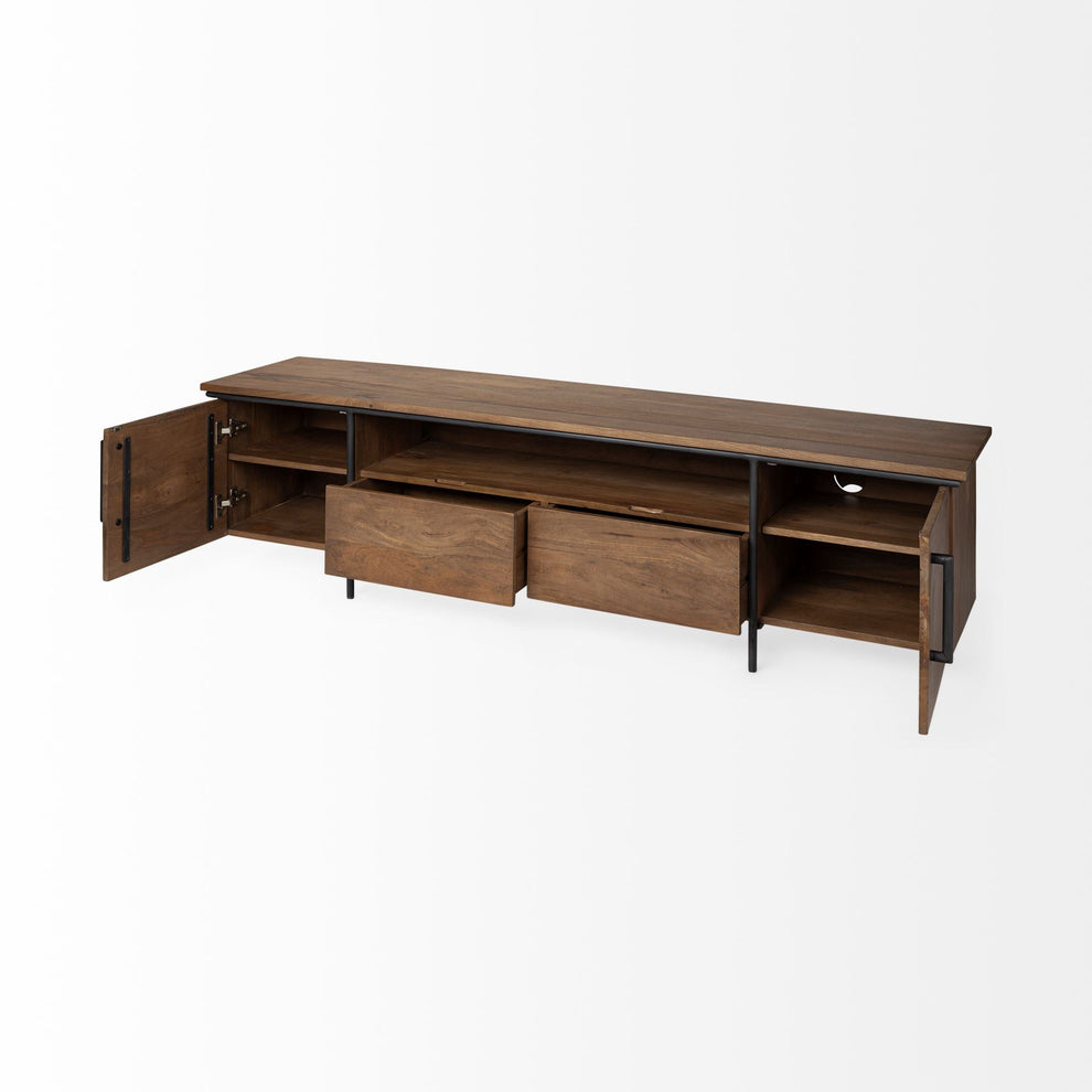 Medium Brown Solid Mango Wood Finish TV Stand Media Console With 4 Cabinets And Single Open Shelf By Homeroots | Console Tables | Modishstore - 5