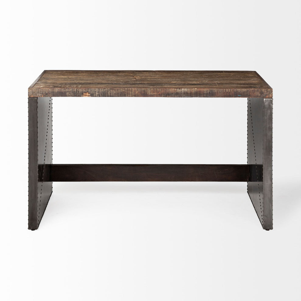 Dark Brown Solid Reclaimed Wood Office Desk With Metal Cladded Frame By Homeroots | Desks | Modishstore - 3
