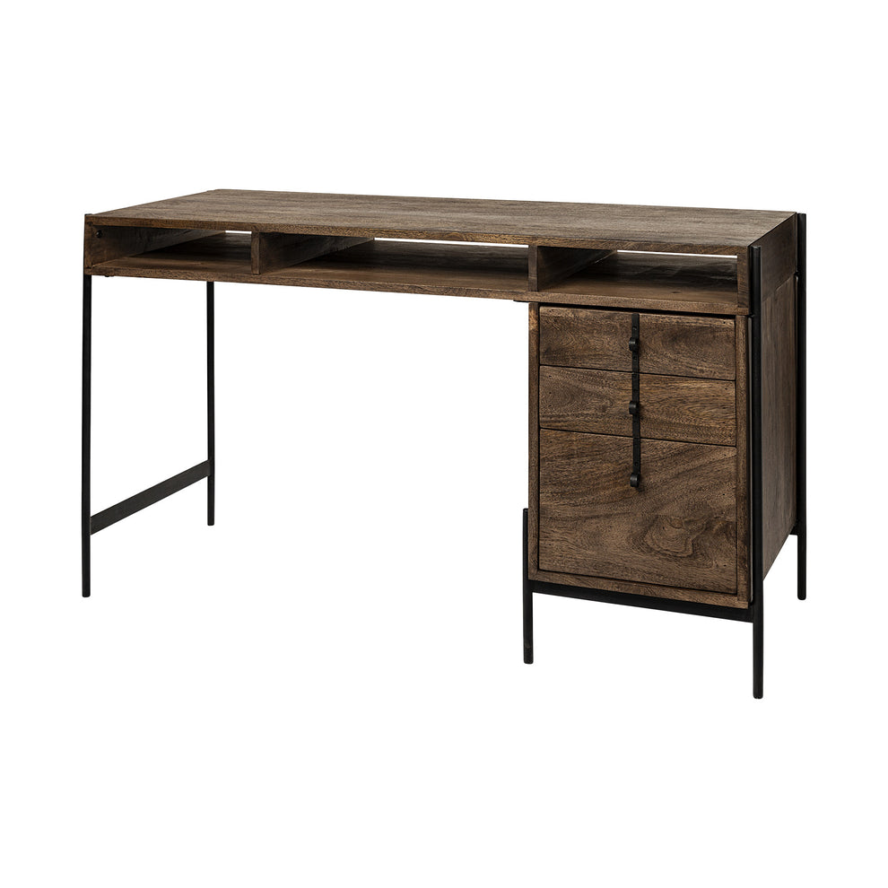 Medium Brown Wooden Writing Desk With 3 Drawers And 3 Open Shelves By Homeroots | Desks | Modishstore - 2