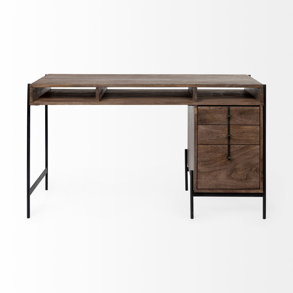 Medium Brown Wooden Writing Desk With 3 Drawers And 3 Open Shelves By Homeroots | Desks | Modishstore - 3
