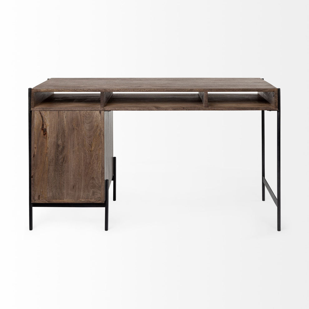 Medium Brown Wooden Writing Desk With 3 Drawers And 3 Open Shelves By Homeroots | Desks | Modishstore - 5