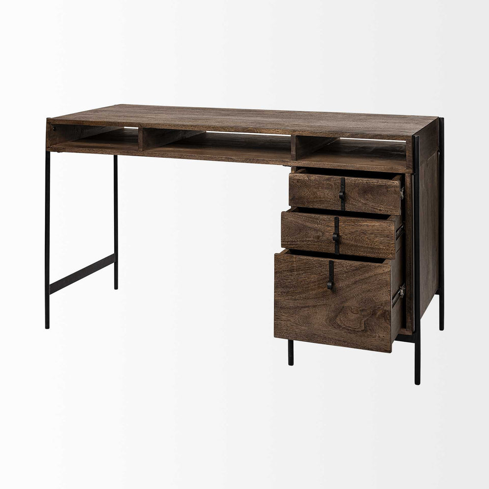Medium Brown Wooden Writing Desk With 3 Drawers And 3 Open Shelves By Homeroots | Desks | Modishstore - 6